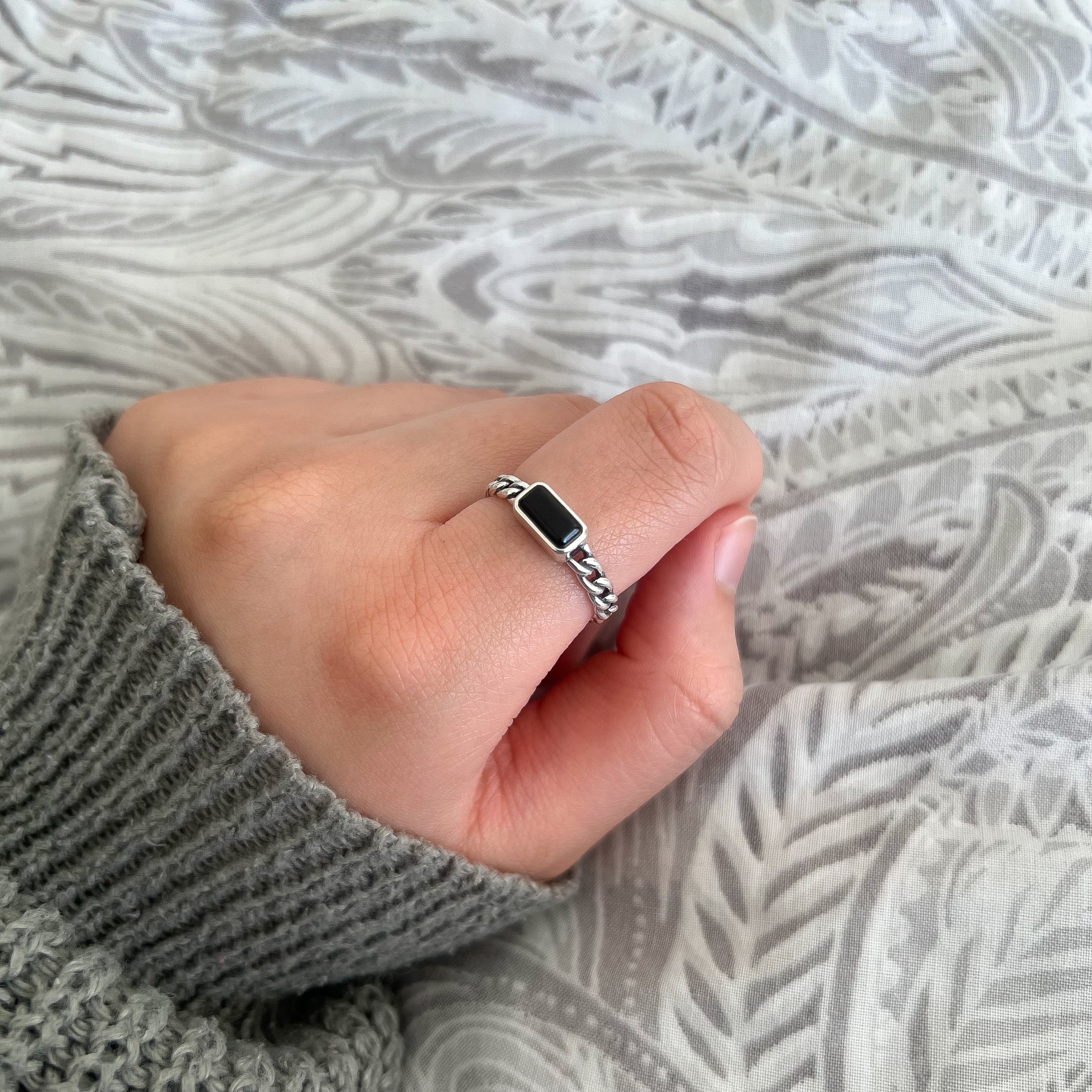 Sterling Silver Jet Black Rectangular Gemstone Ring