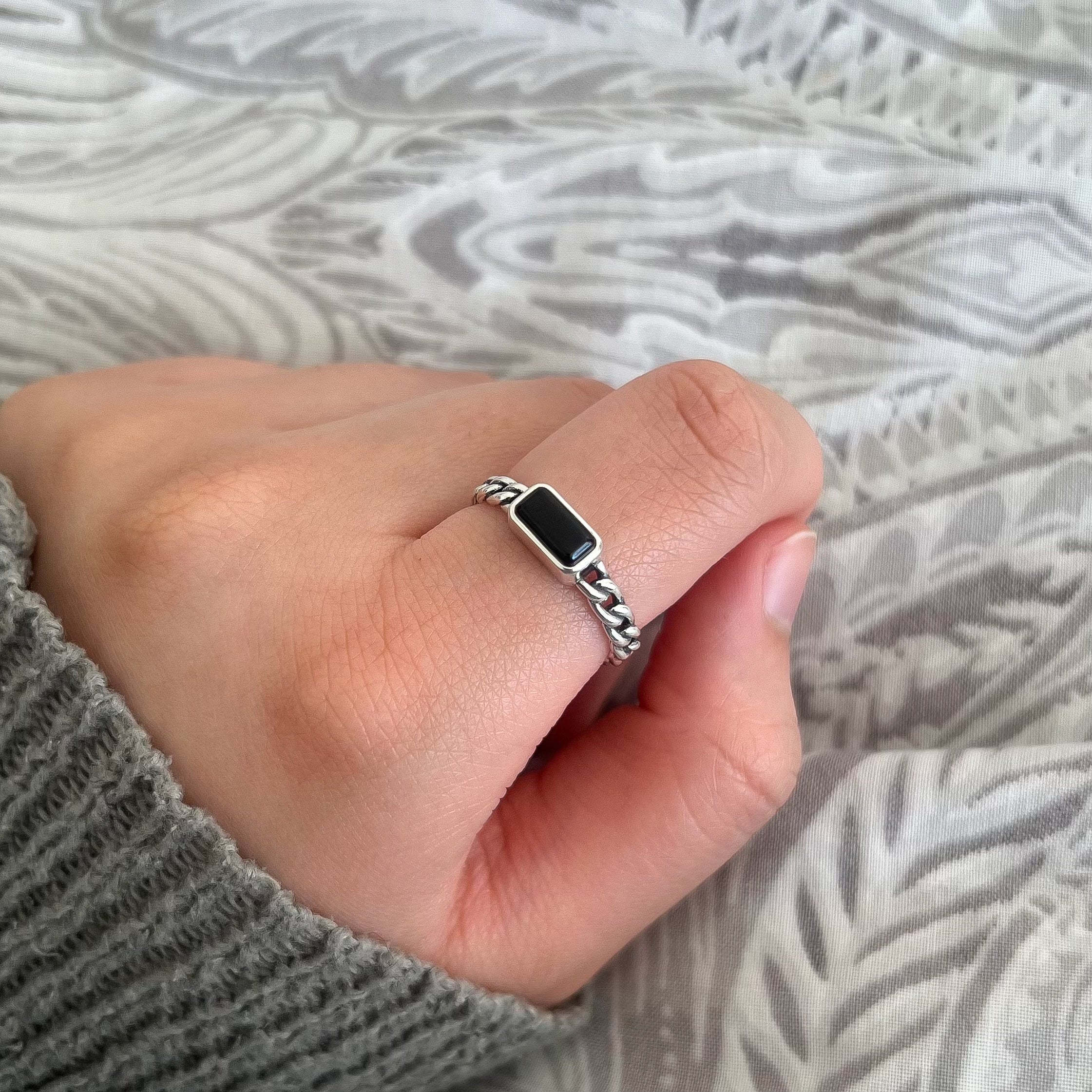 Sterling Silver Jet Black Rectangular Gemstone Ring