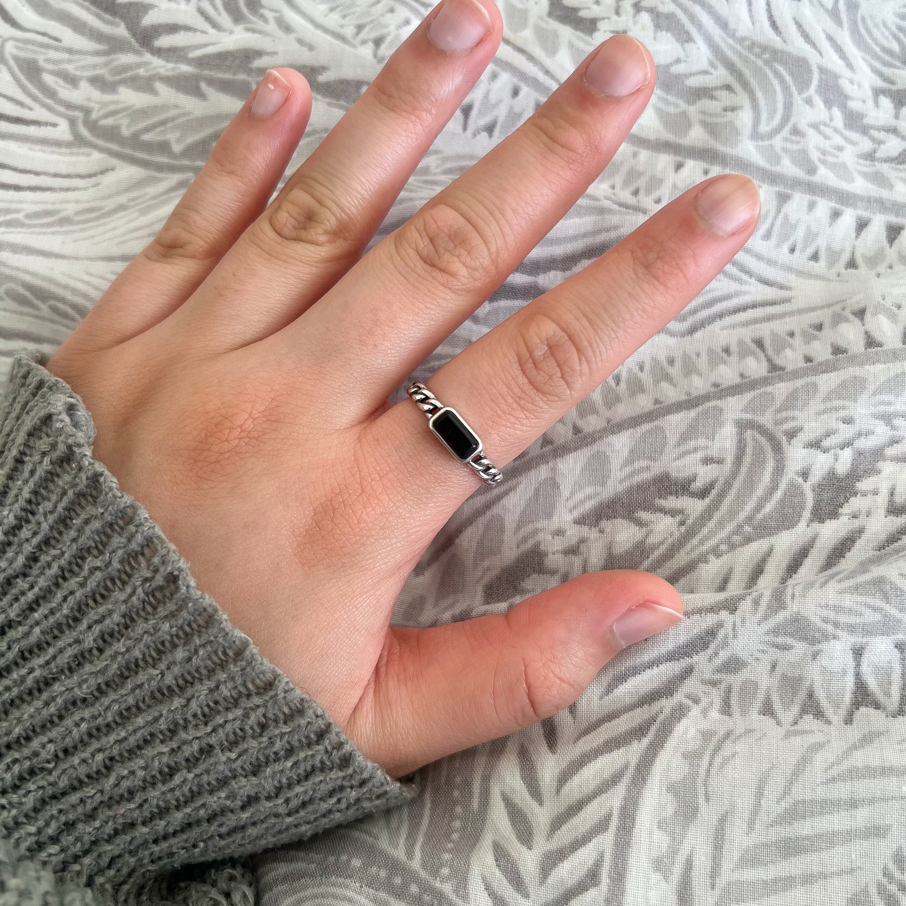 Sterling Silver Jet Black Rectangular Gemstone Ring