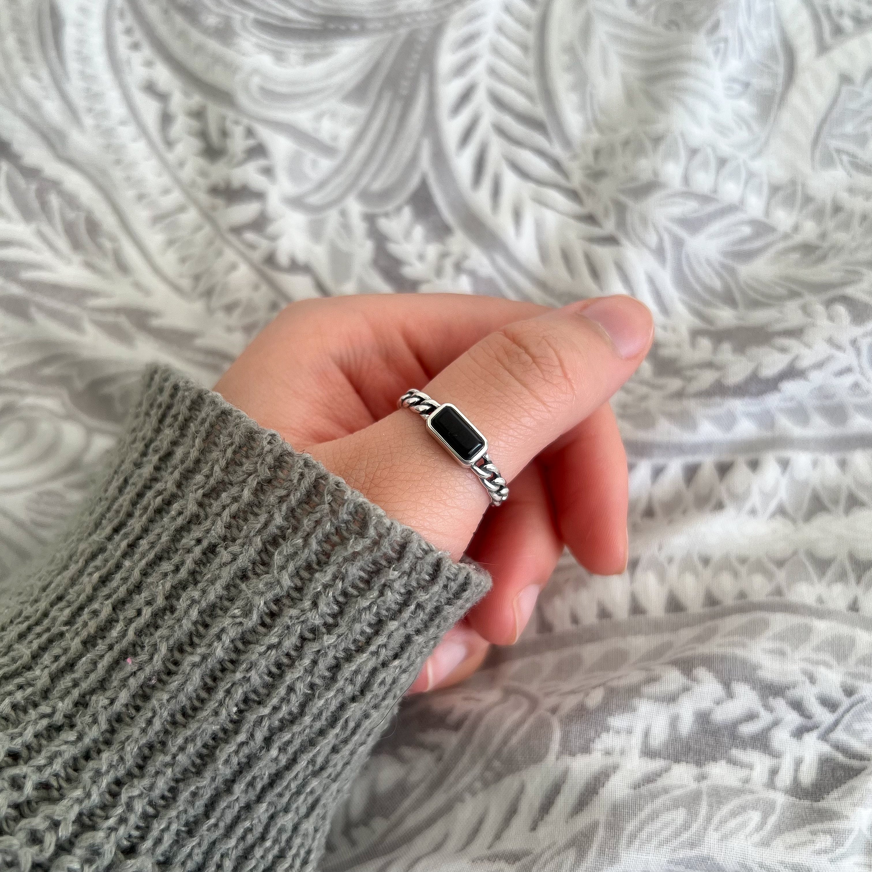 Sterling Silver Jet Black Rectangular Gemstone Ring