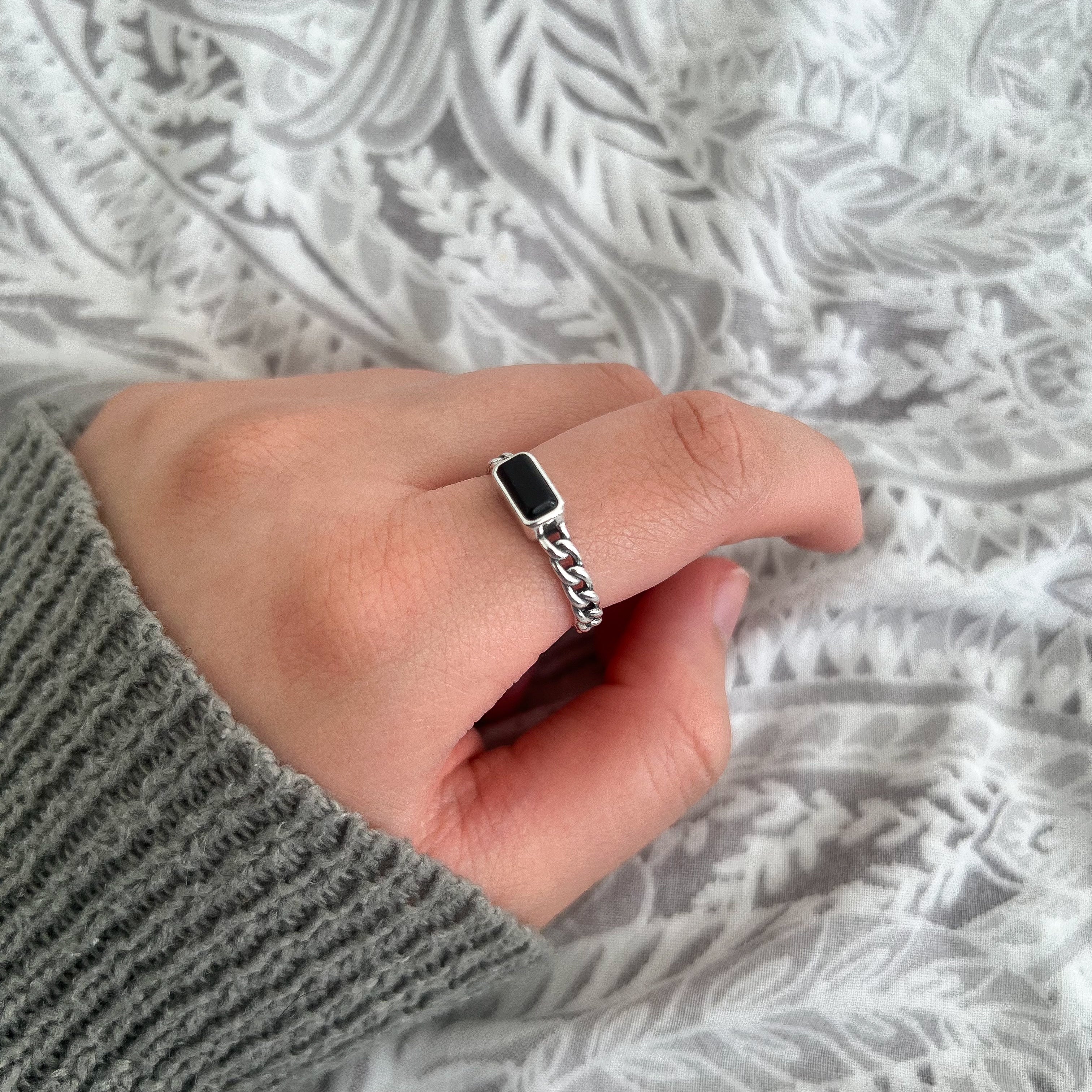 Sterling Silver Jet Black Rectangular Gemstone Ring