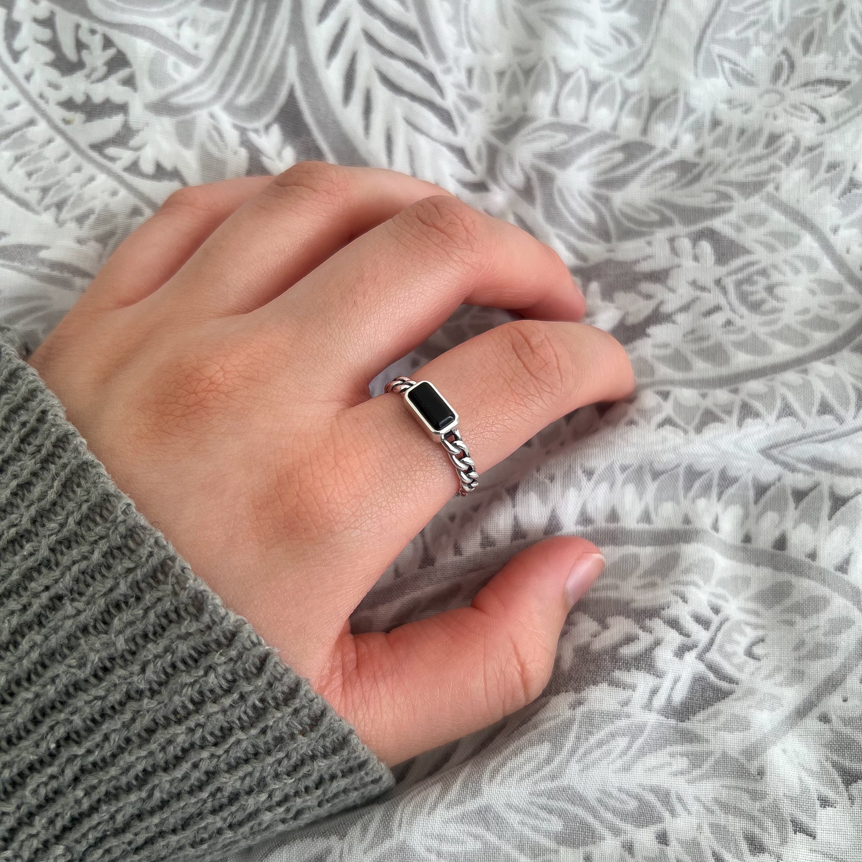 Sterling Silver Jet Black Rectangular Gemstone Ring