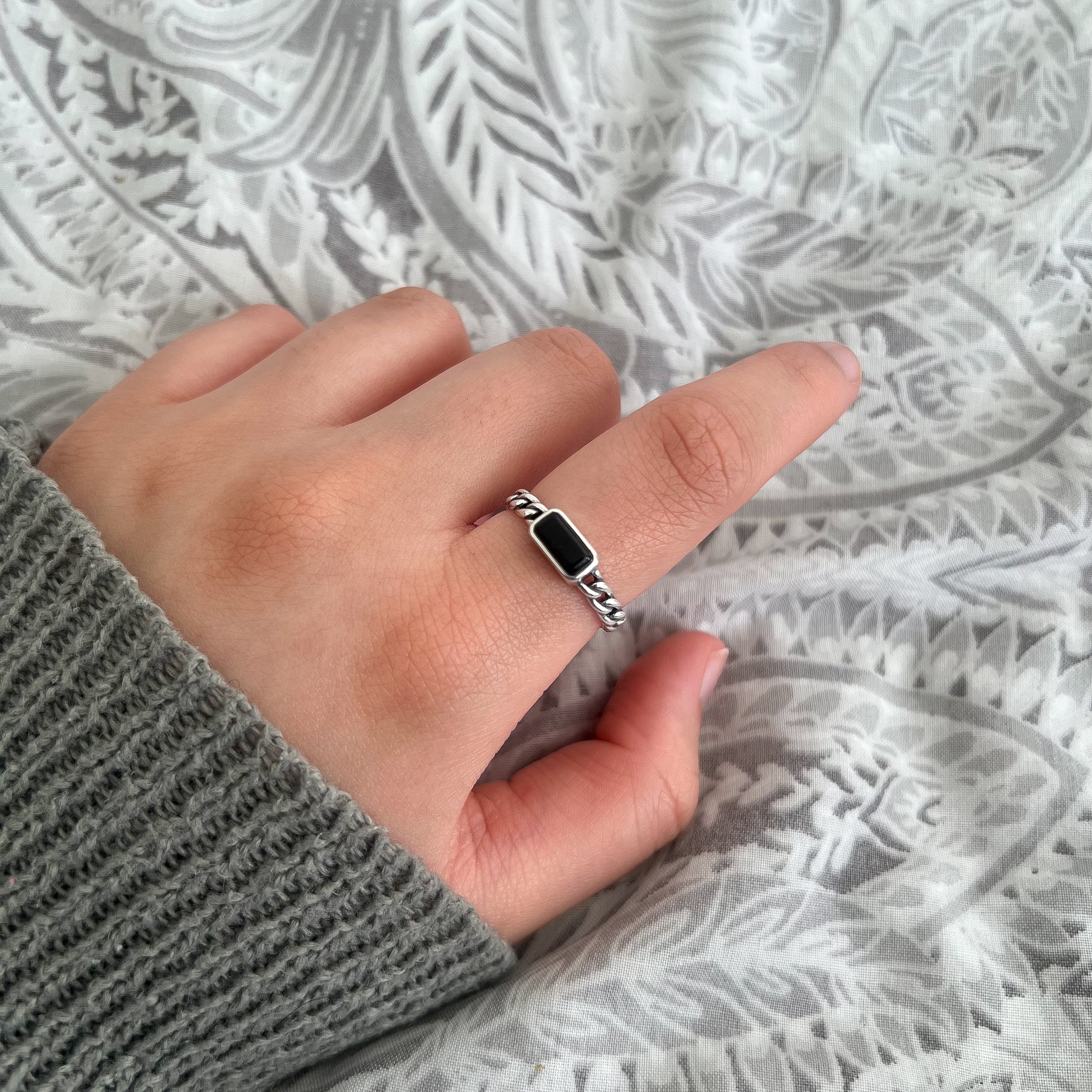 Sterling Silver Jet Black Rectangular Gemstone Ring