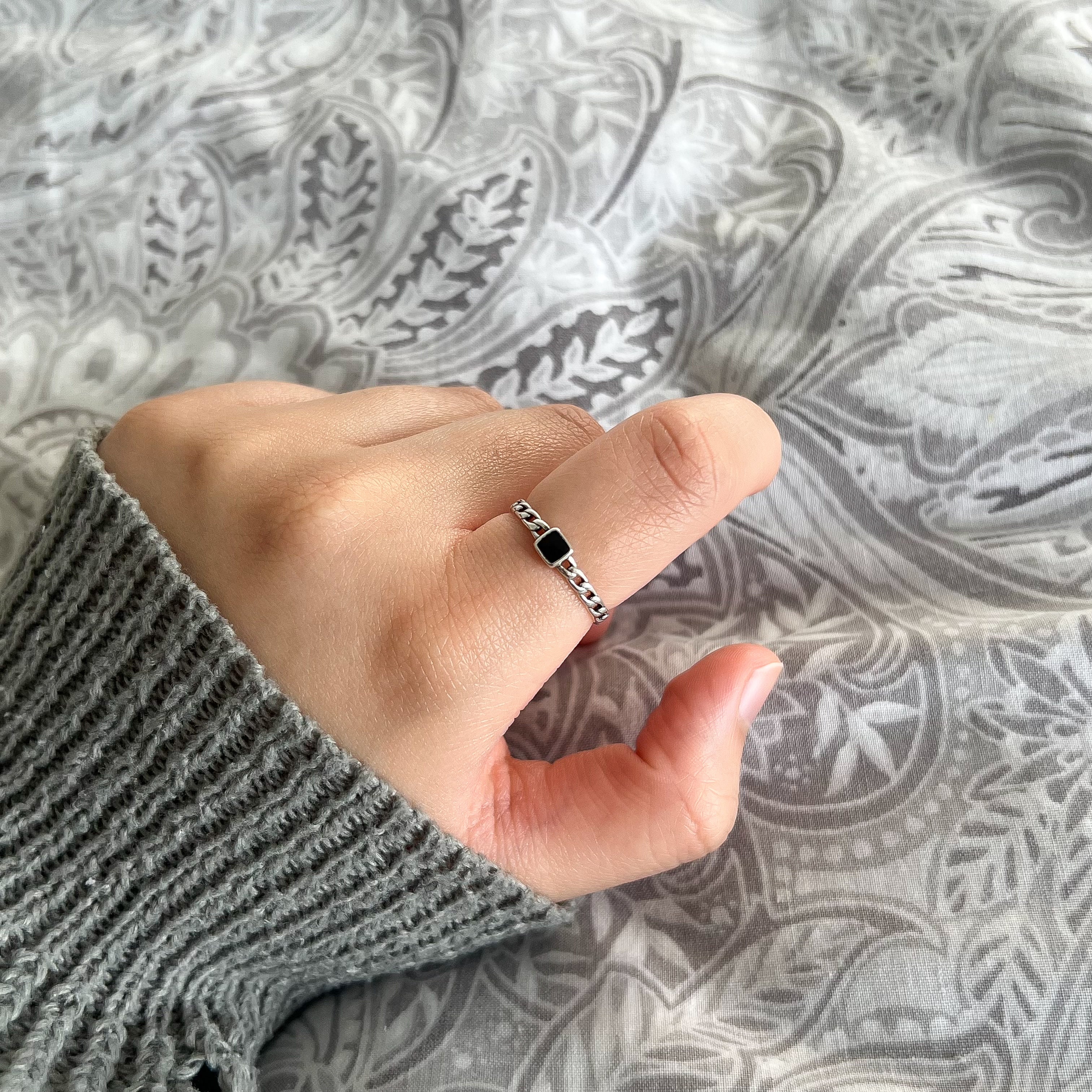 Sterling Silver Jet Black Small Square Gemstone Ring