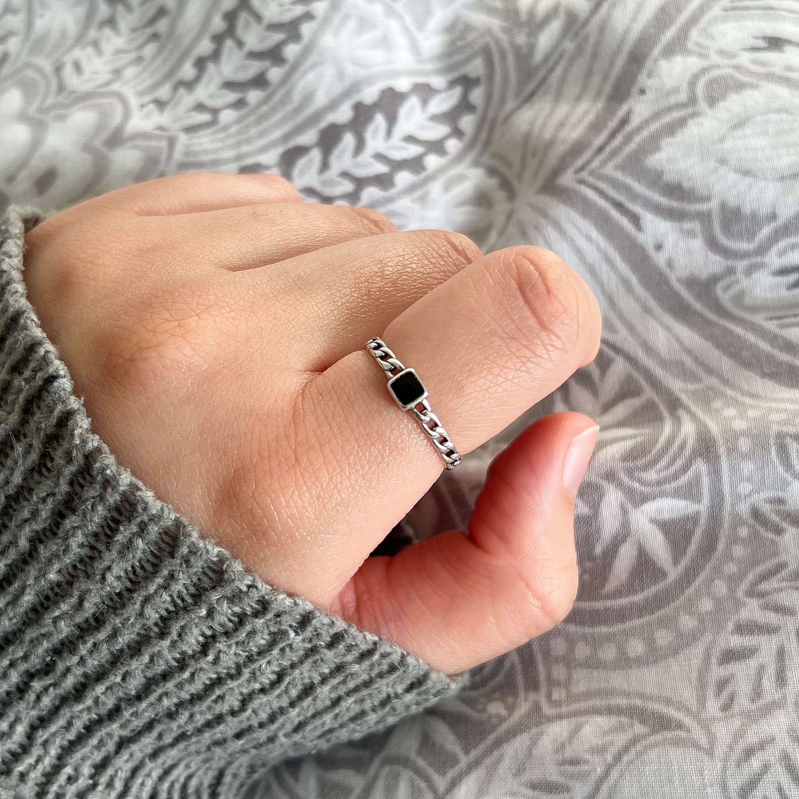 Sterling Silver Jet Black Small Square Gemstone Ring