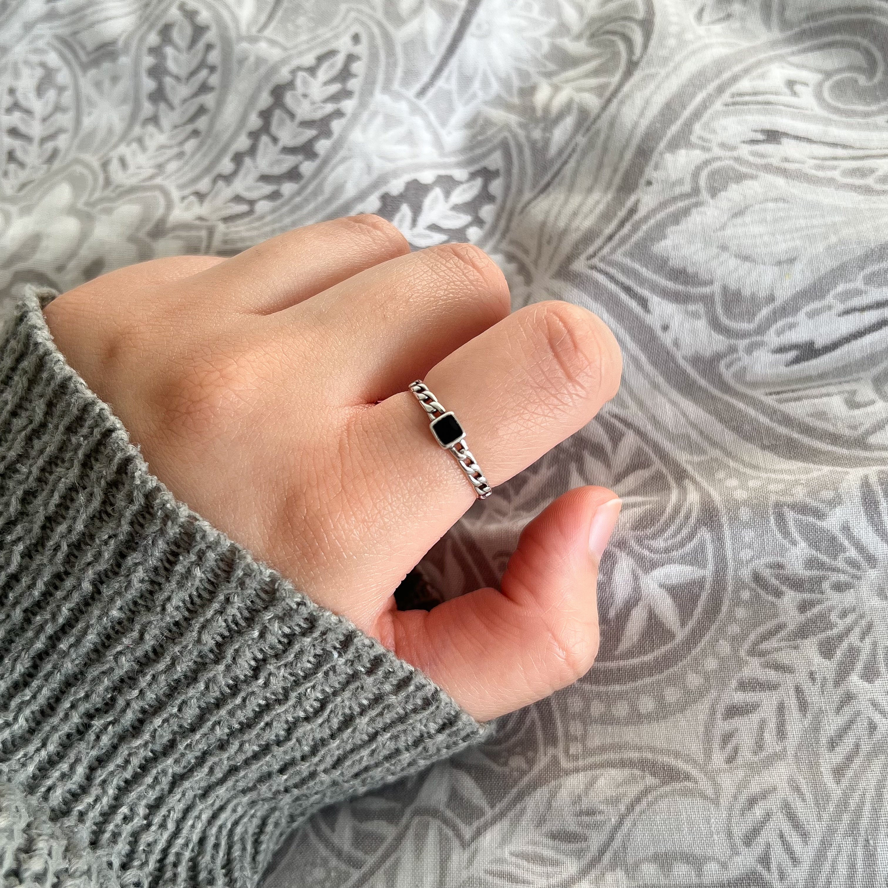 Sterling Silver Jet Black Small Square Gemstone Ring