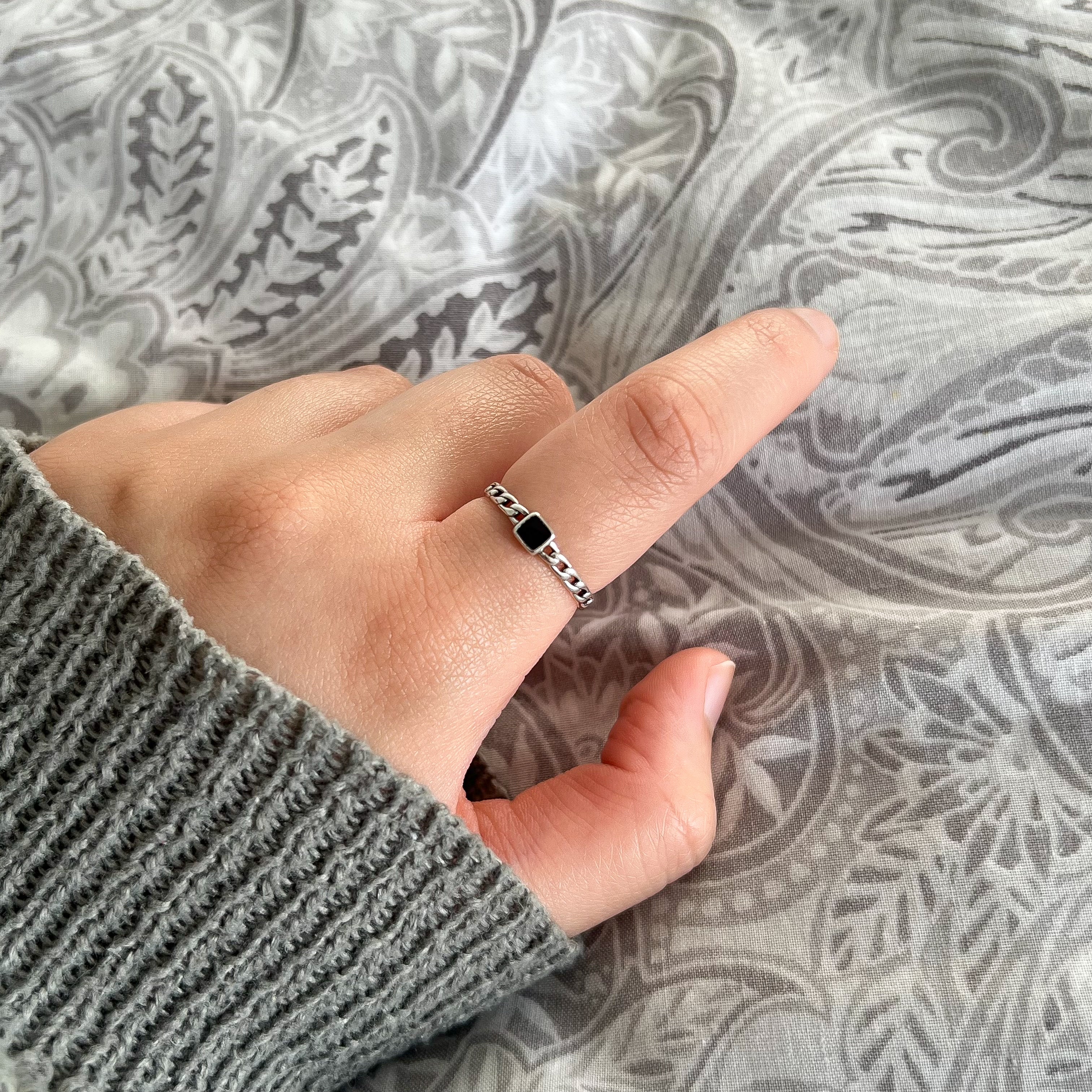 Sterling Silver Jet Black Small Square Gemstone Ring