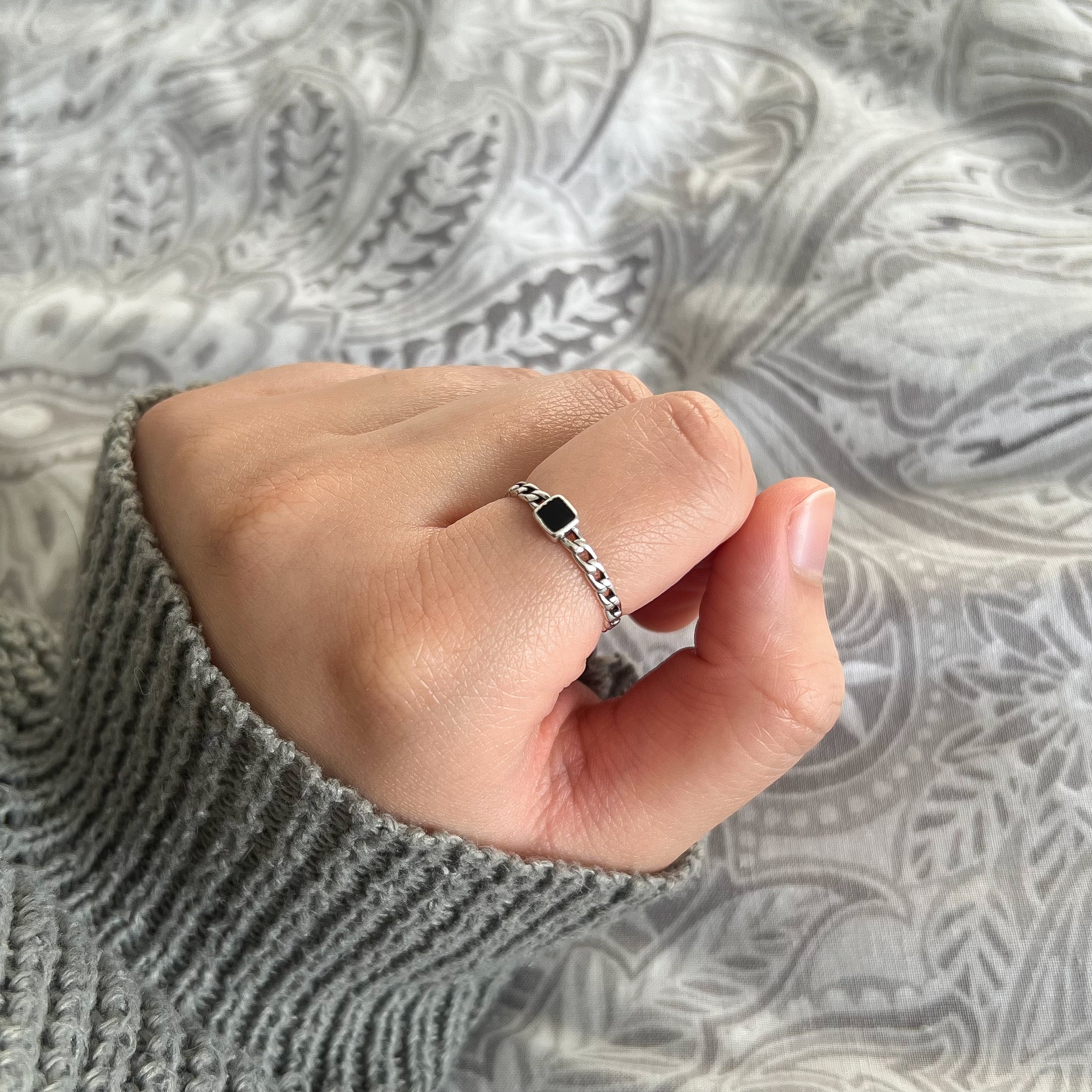 Sterling Silver Jet Black Small Square Gemstone Ring