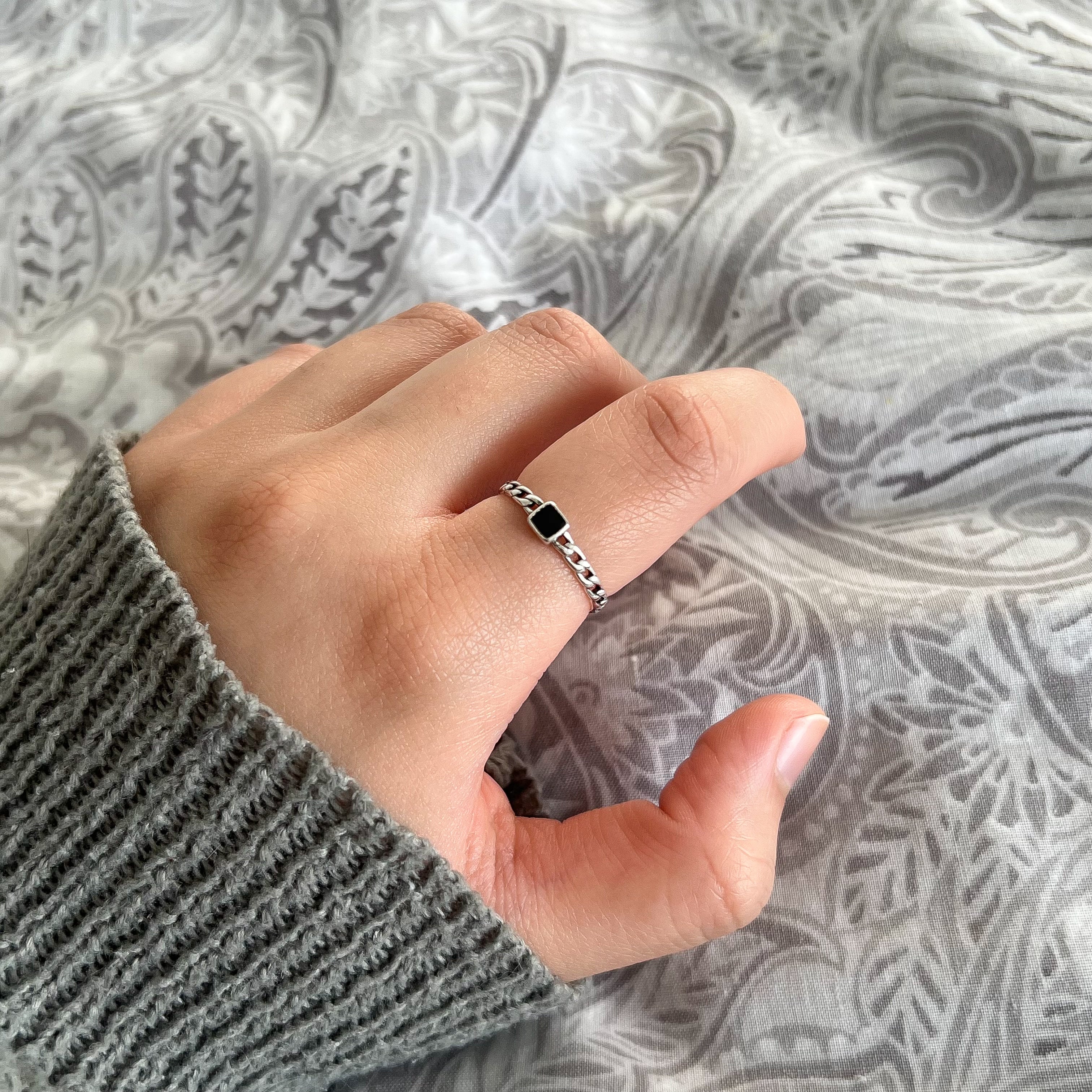 Sterling Silver Jet Black Small Square Gemstone Ring