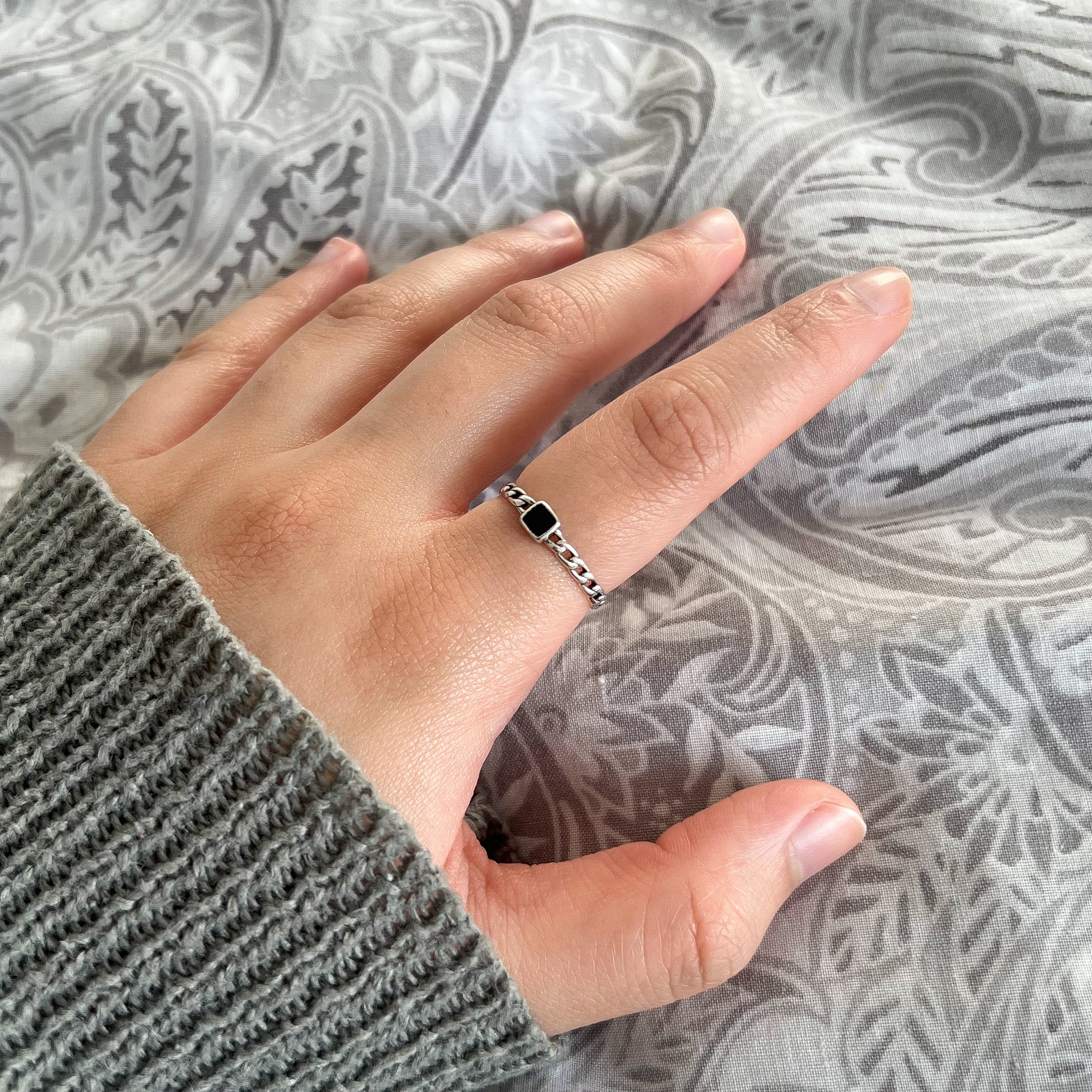 Sterling Silver Jet Black Small Square Gemstone Ring