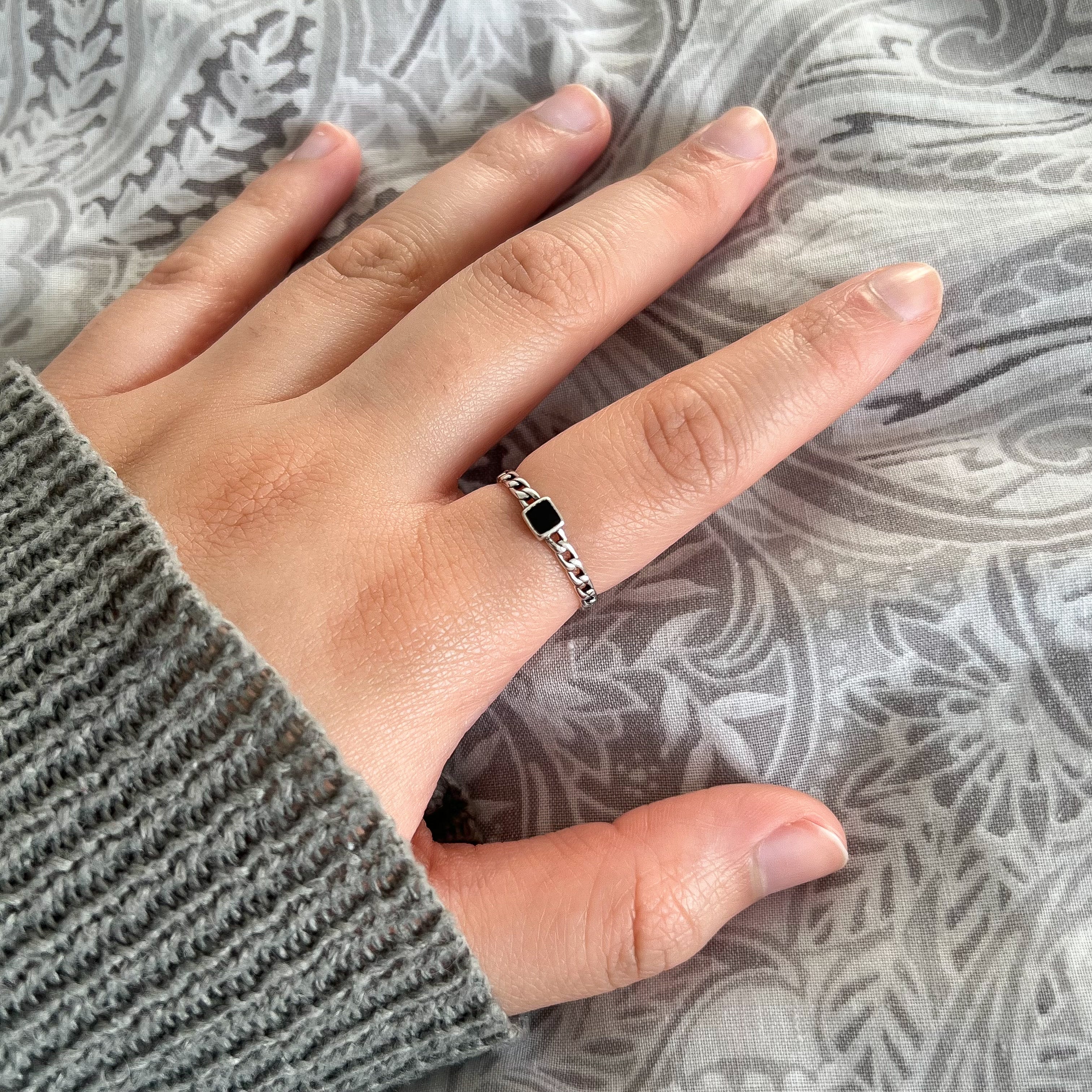 Sterling Silver Jet Black Small Square Gemstone Ring