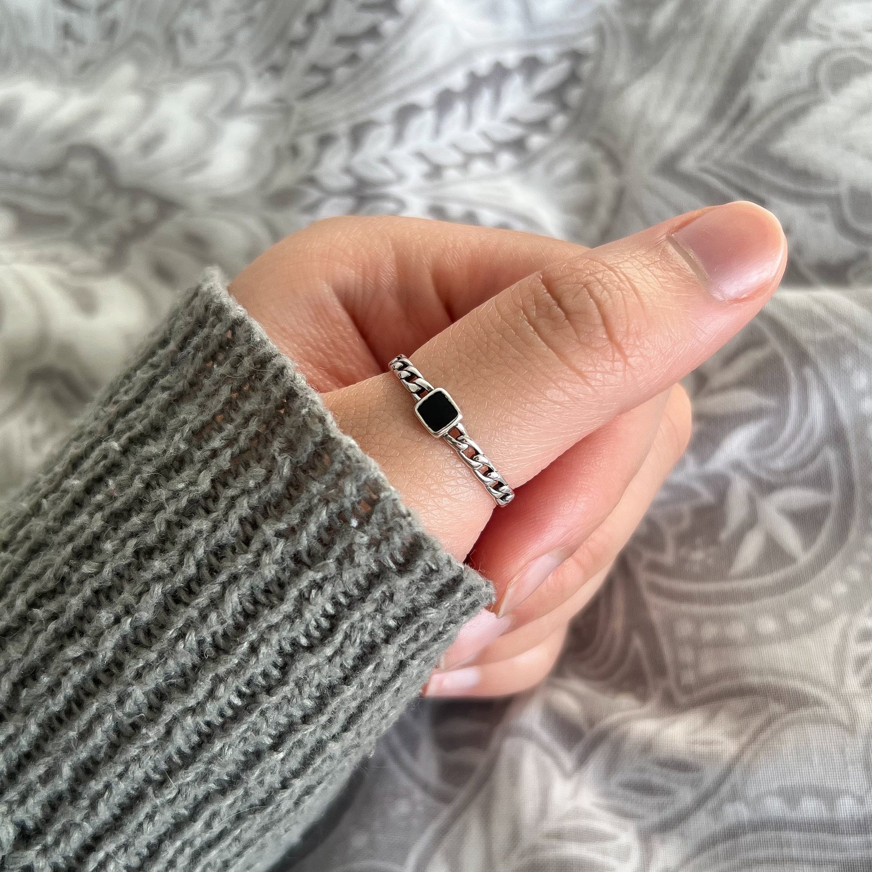 Sterling Silver Jet Black Small Square Gemstone Ring